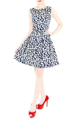 Japanese Anemone Flare Dress - Dark Blue