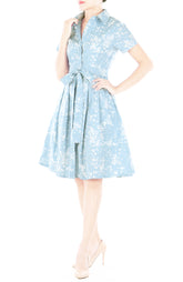 Japanese Plum Blossoms Anna Shirtdress - Sky Blue