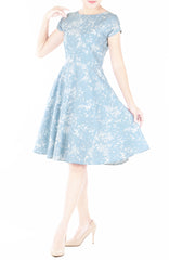 Japanese Plum Blossoms Flare Tea Dress - Sky Blue