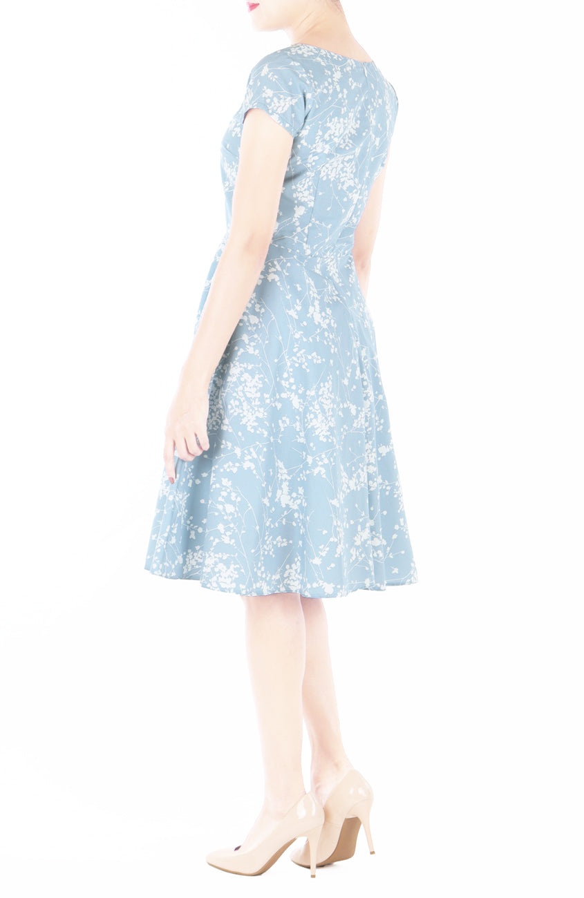 Japanese Plum Blossoms Flare Tea Dress - Sky Blue