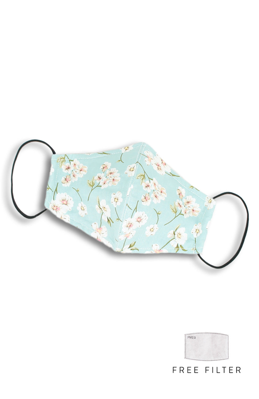 Japanese White Poppies Pure Cotton Face Mask - Crepe Mint