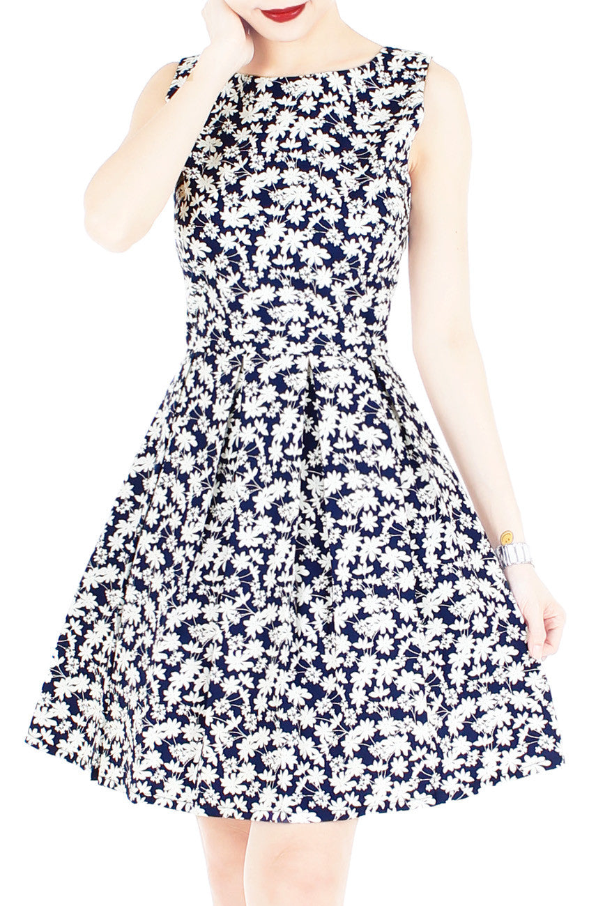 Japanese Fern Blooms Flare Dress - Dark Blue