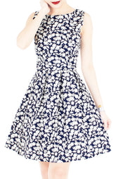 Japanese Fern Blooms Flare Dress - Dark Blue