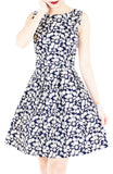 Japanese Fern Blooms Flare Dress - Dark Blue