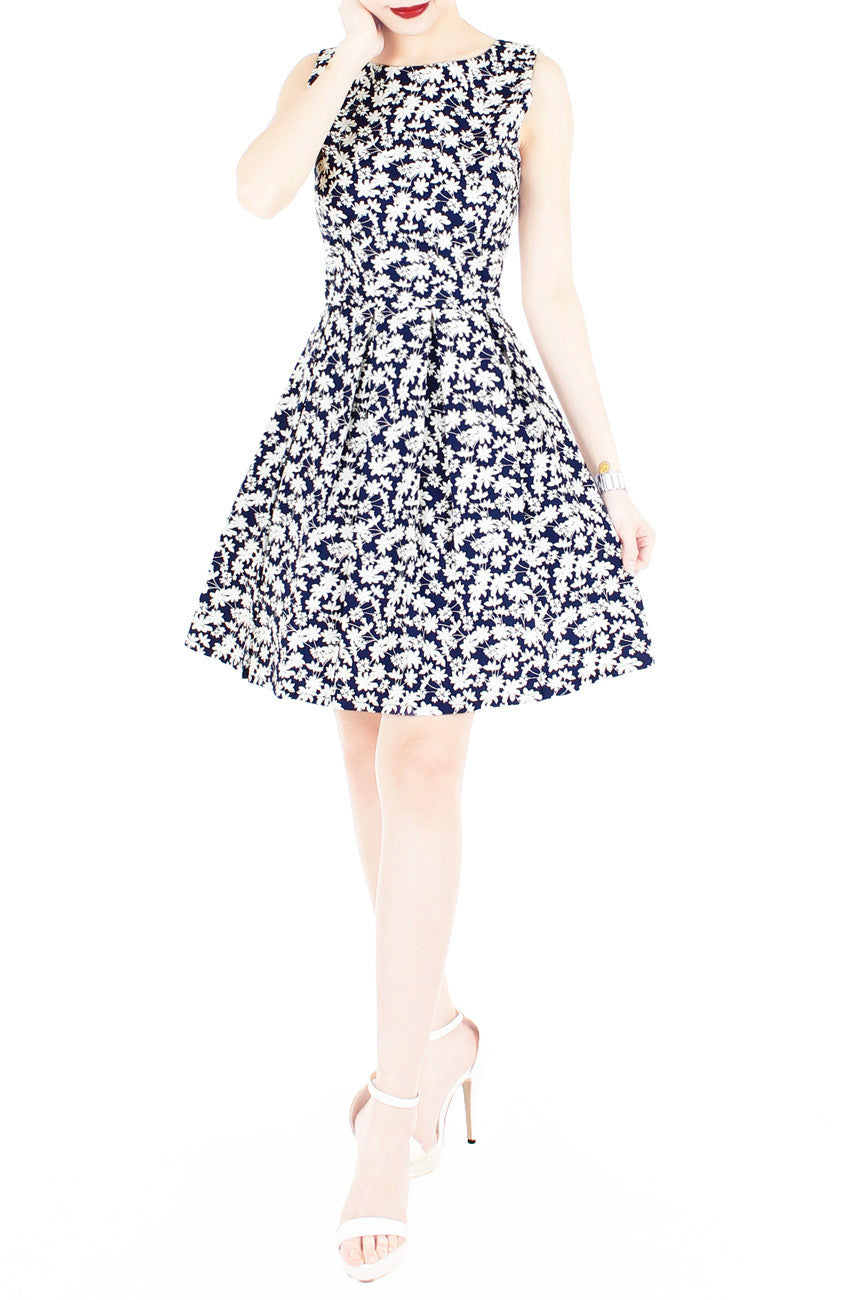 Japanese Fern Blooms Flare Dress - Dark Blue