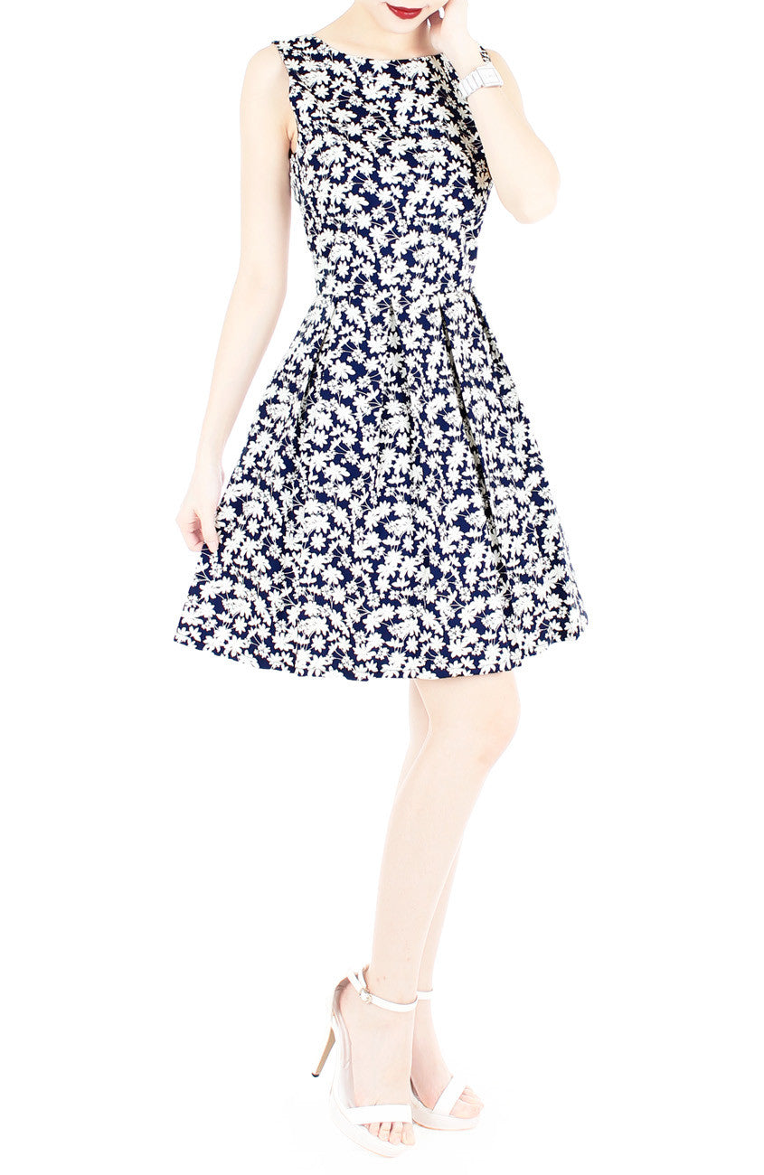 Japanese Fern Blooms Flare Dress - Dark Blue