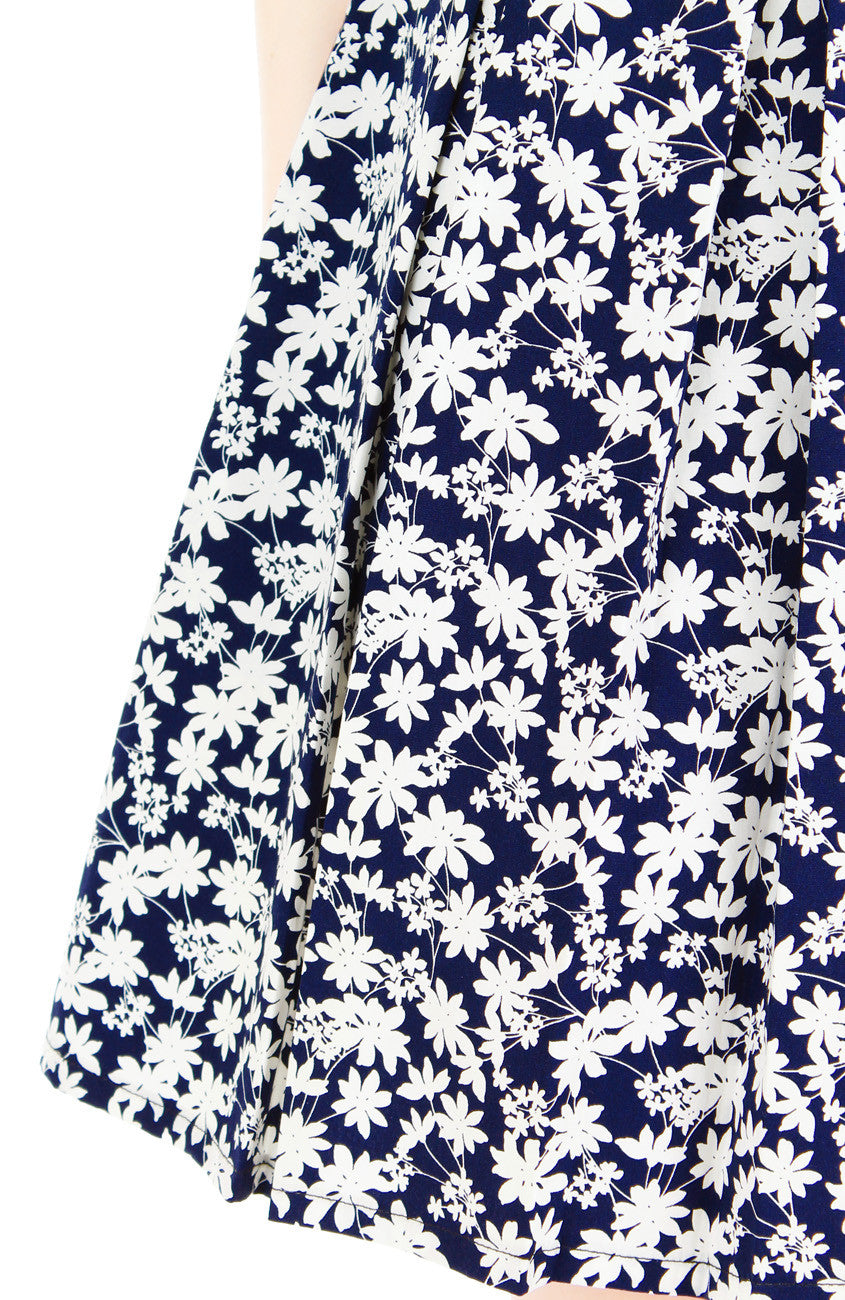 Japanese Fern Blooms Flare Dress - Dark Blue