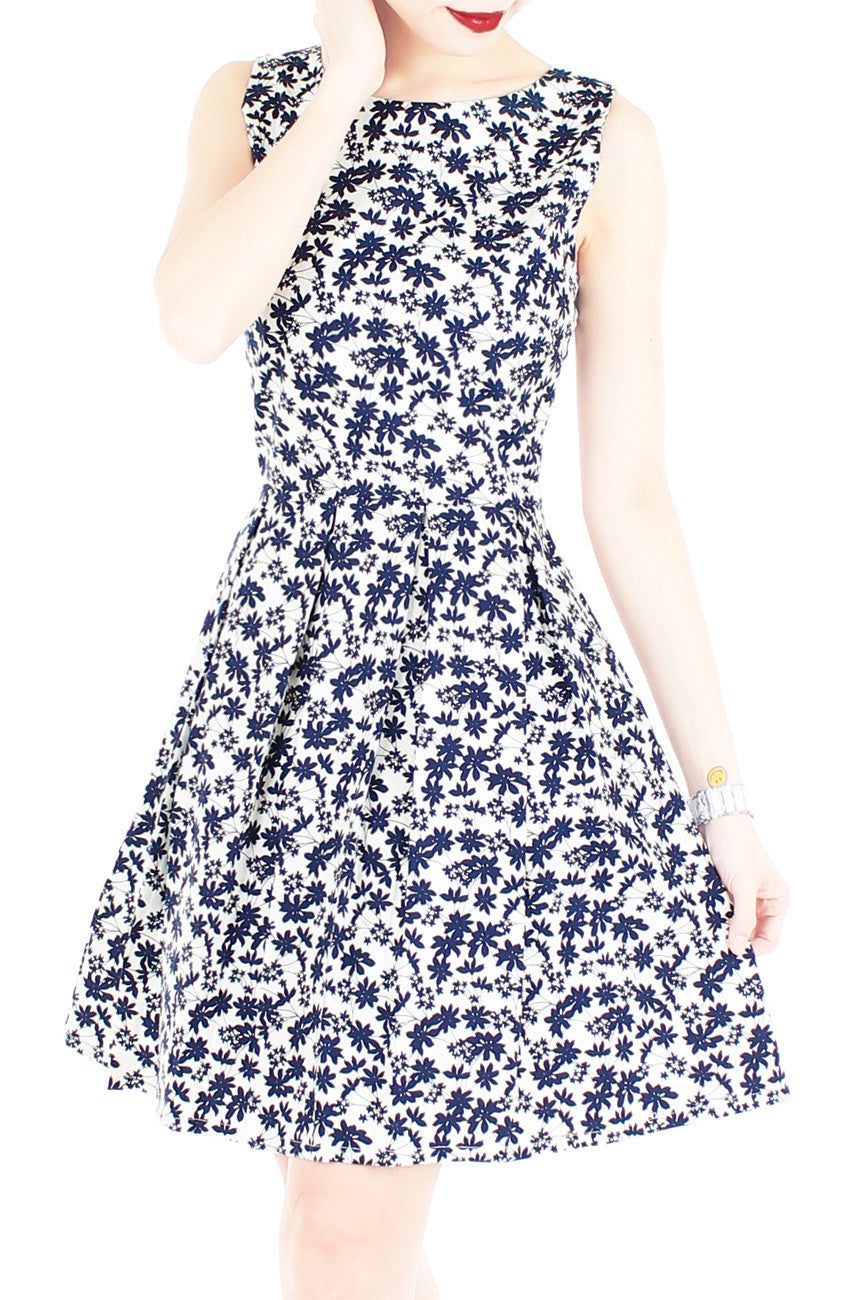 Japanese Fern Blooms Flare Dress – White