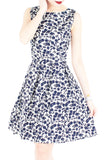 Japanese Fern Blooms Flare Dress – White