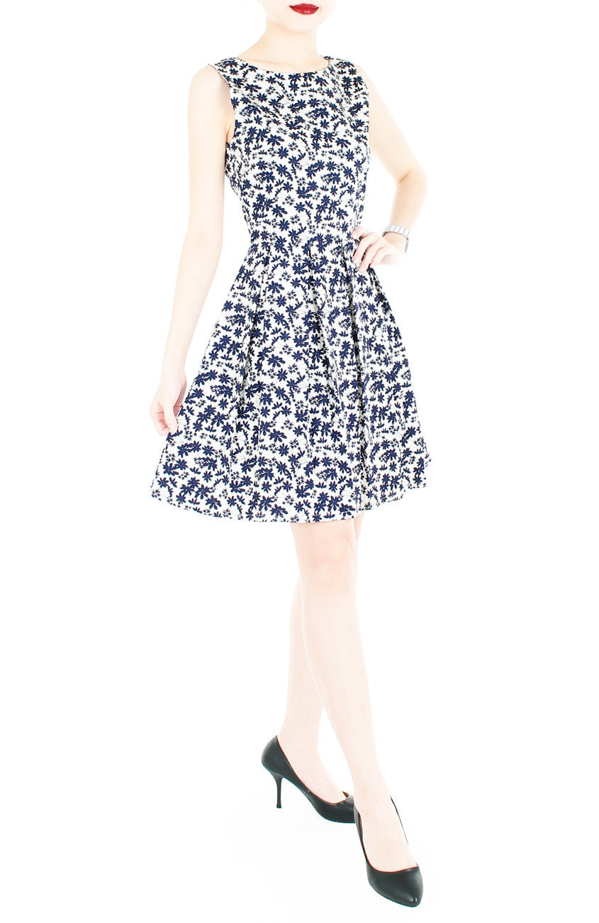 Japanese Fern Blooms Flare Dress – White