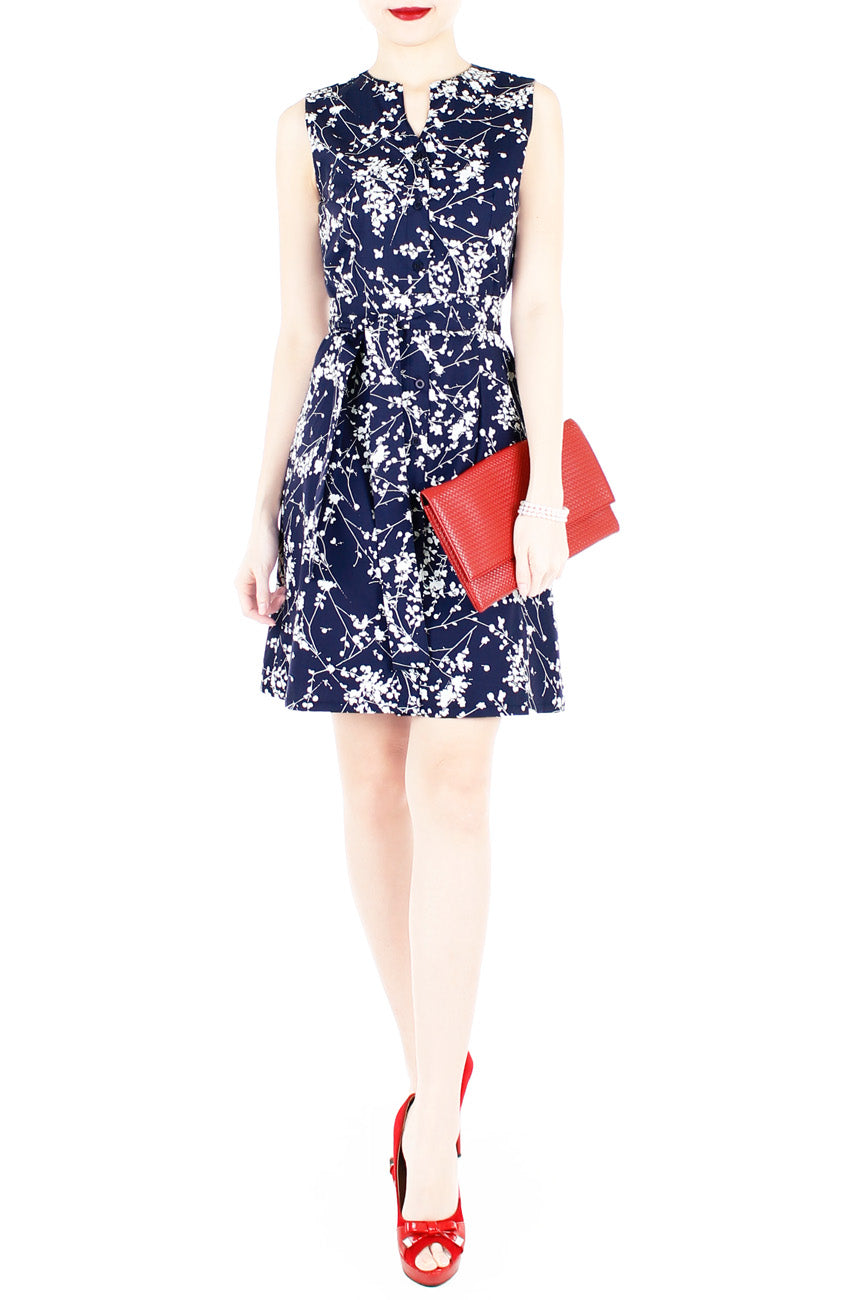 Japanese Plum Blossoms A-Line Button Down Dress - Midnight Blue