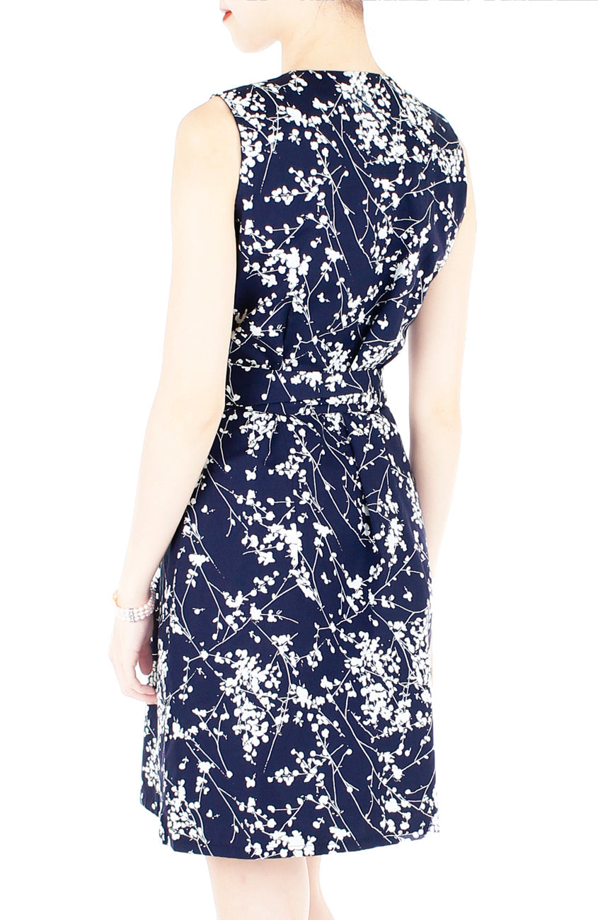 Japanese Plum Blossoms A-Line Button Down Dress - Midnight Blue