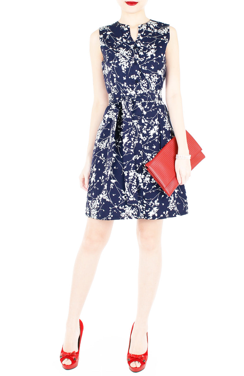Japanese Plum Blossoms A-Line Button Down Dress - Midnight Blue