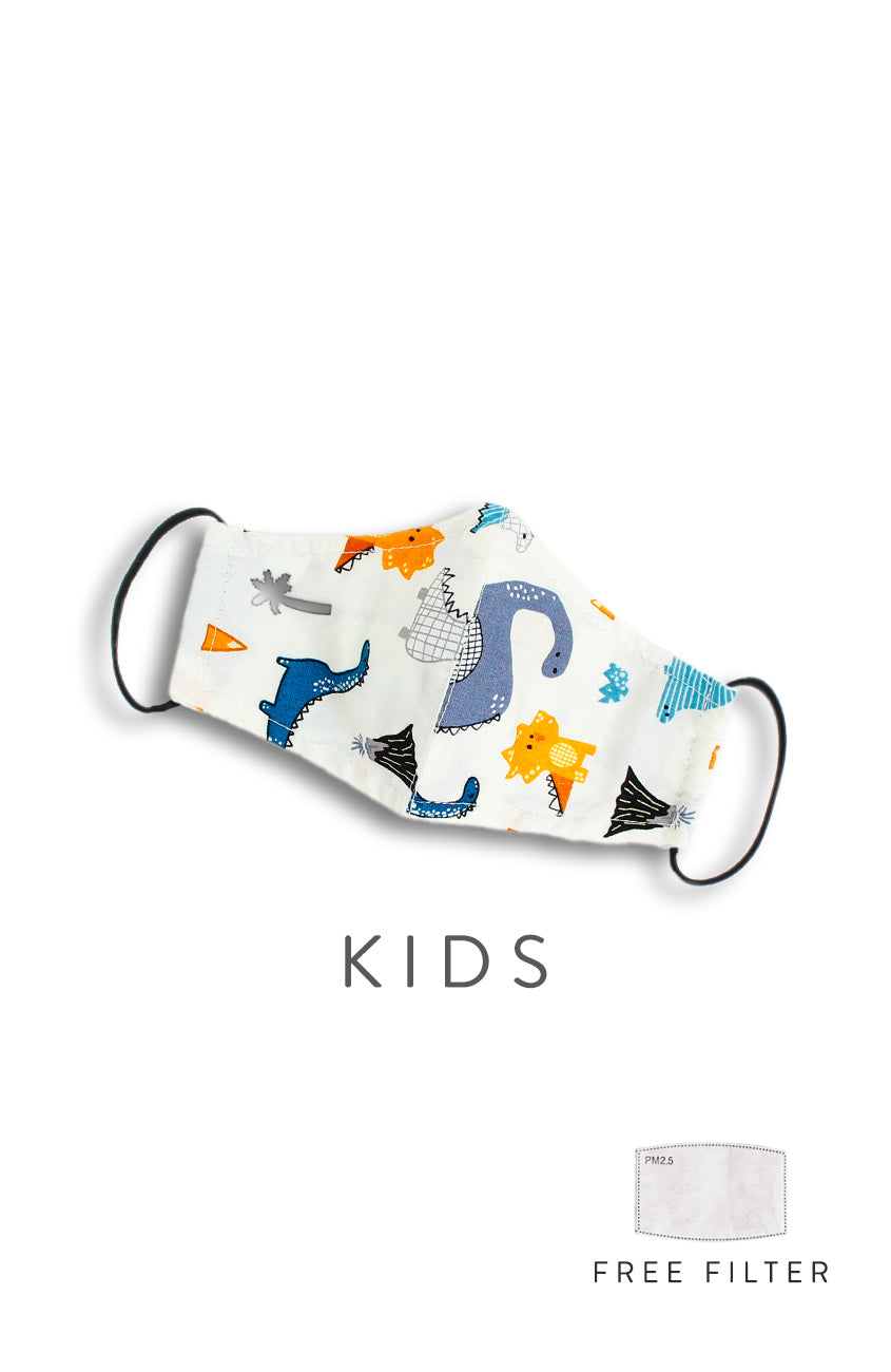 KIDS Dinosaur Kingdom Pure Cotton Face Mask - Chalk