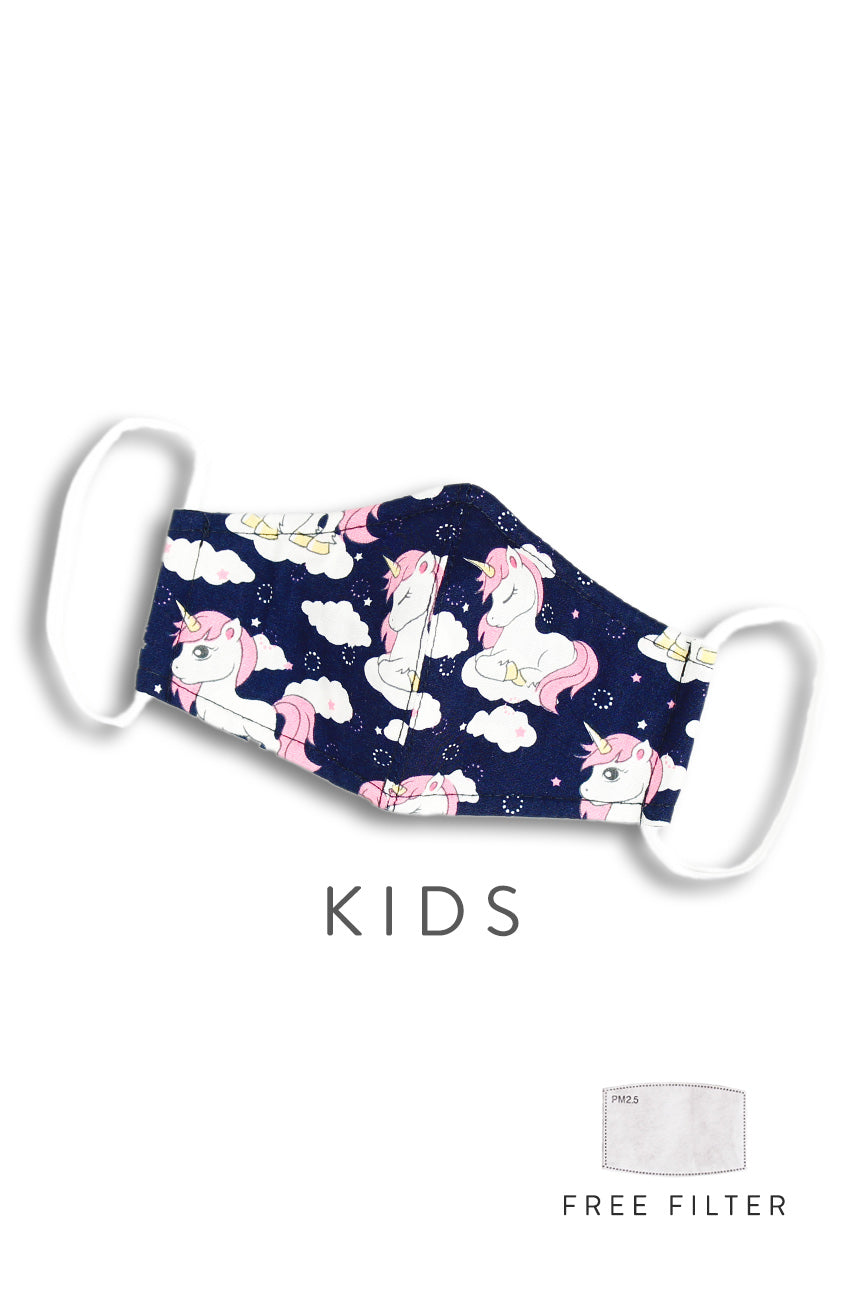 KIDS Magical Unicorn Pure Cotton Face Mask - Midnight Blue