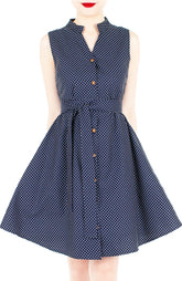 Lady Love Song Flare Dress with Wooden Buttons - Polka Dot Blue