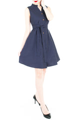 Lady Love Song Flare Dress with Wooden Buttons - Polka Dot Blue