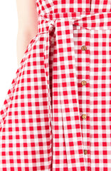 Lady Love Song Flare Dress with Wooden Buttons - Red Check