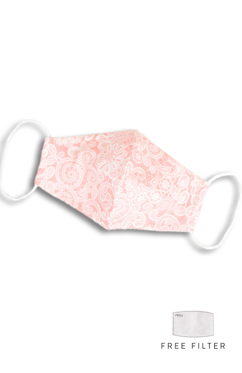 Ladylike Lace Pure Cotton Face Mask - Peach Pink