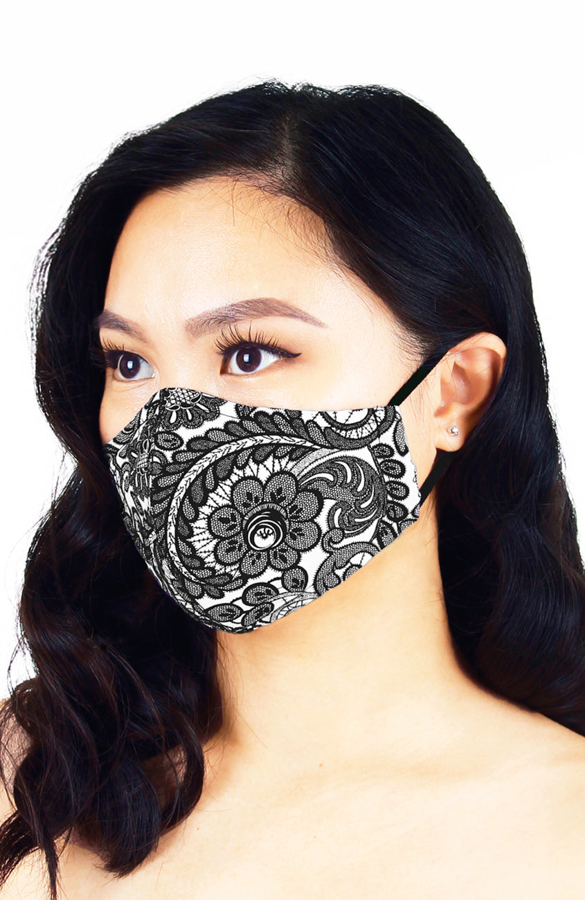 Ladylike Lace Pure Cotton Face Mask - White & Black