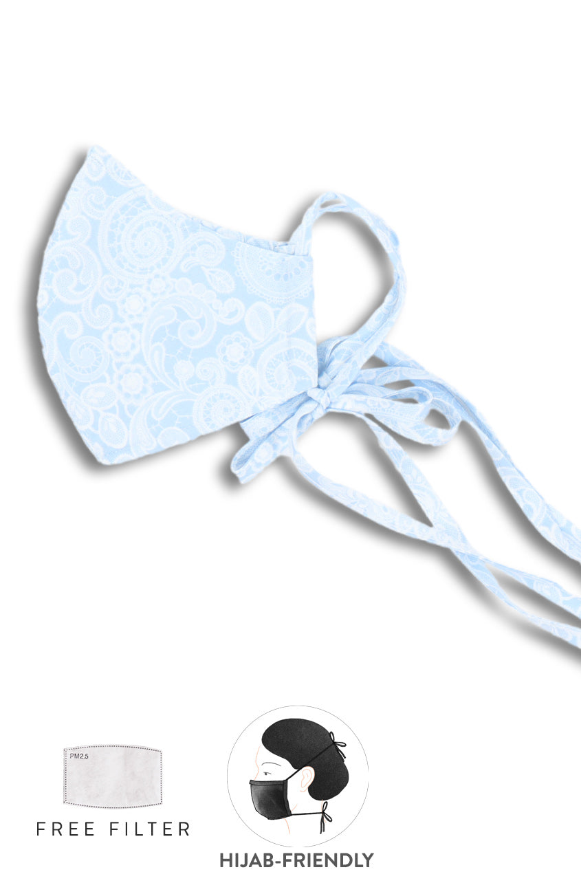 Ladylike Lace Pure Cotton Face Mask with Head Ties - Ice Blue