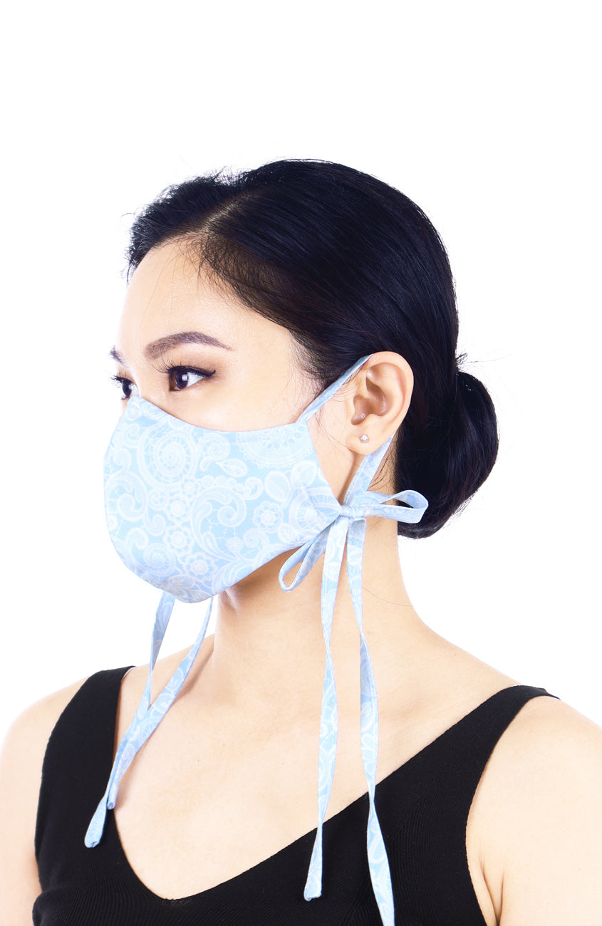 Ladylike Lace Pure Cotton Face Mask with Head Ties - Ice Blue