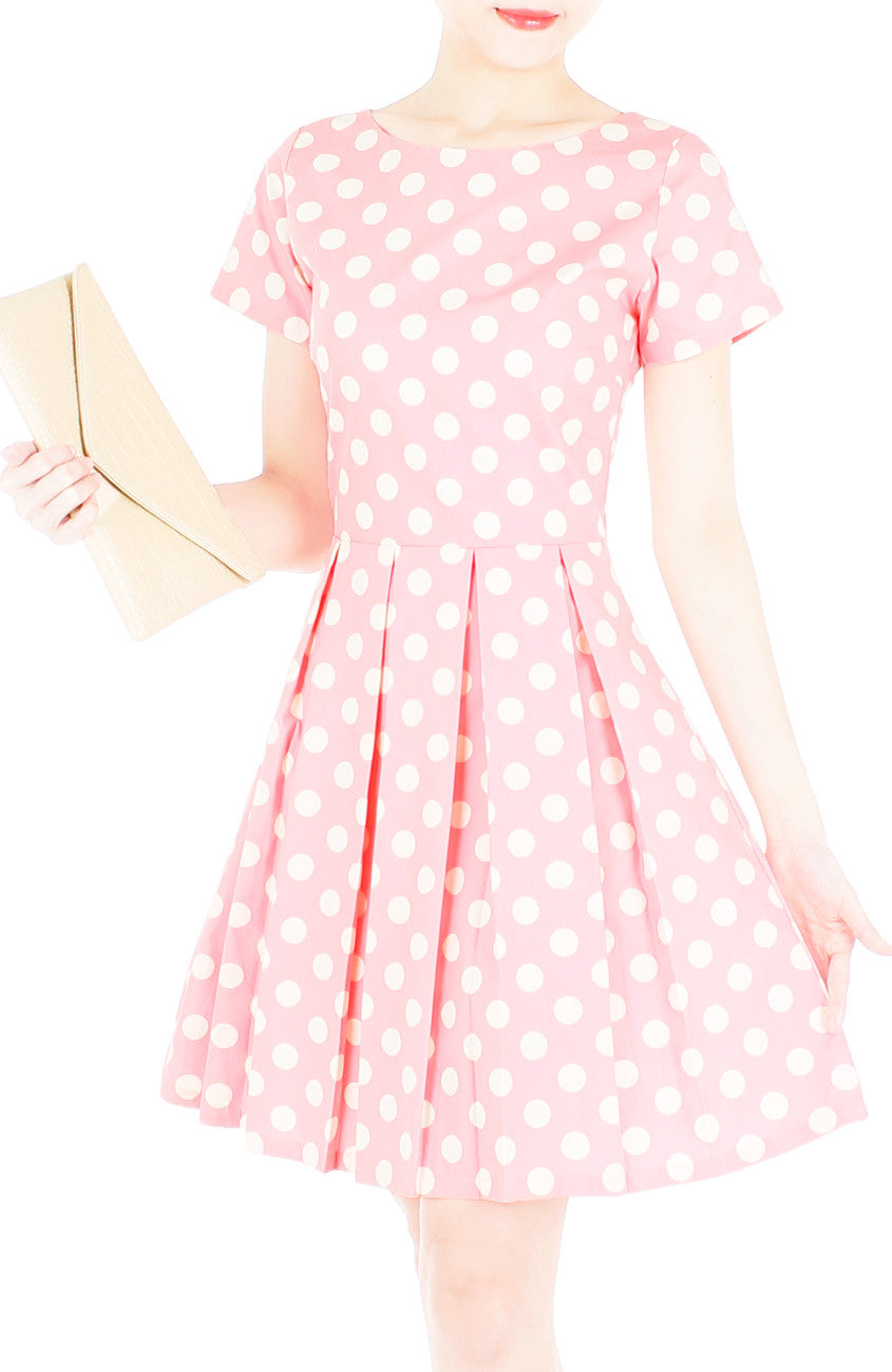 ‘Let’s Do The Polka’ Flare Dress with Sleeves - Azalea Pink