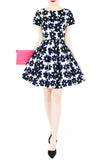 Midnight Jazz Rendition Flare Dress with Short Sleeves
