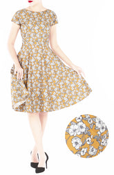 Monochromatic Poppies Flare Tea Dress - Mustard