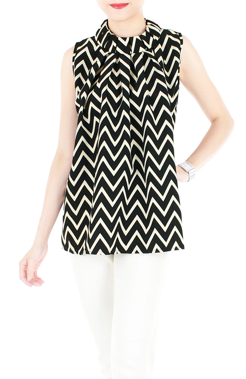 Noble High Neck Pleat Blouse in Chevron - Black