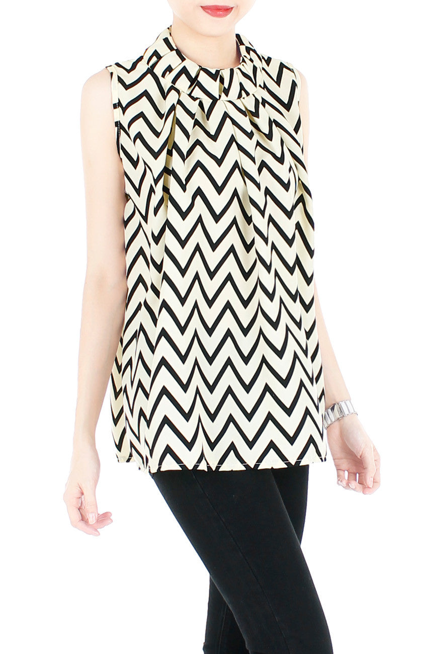 Noble High Neck Pleat Blouse in Chevron - Cream