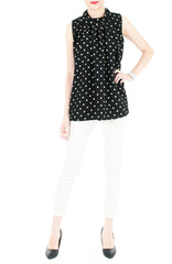 Noble High Neck Pleat Blouse in Polka Dots - Black