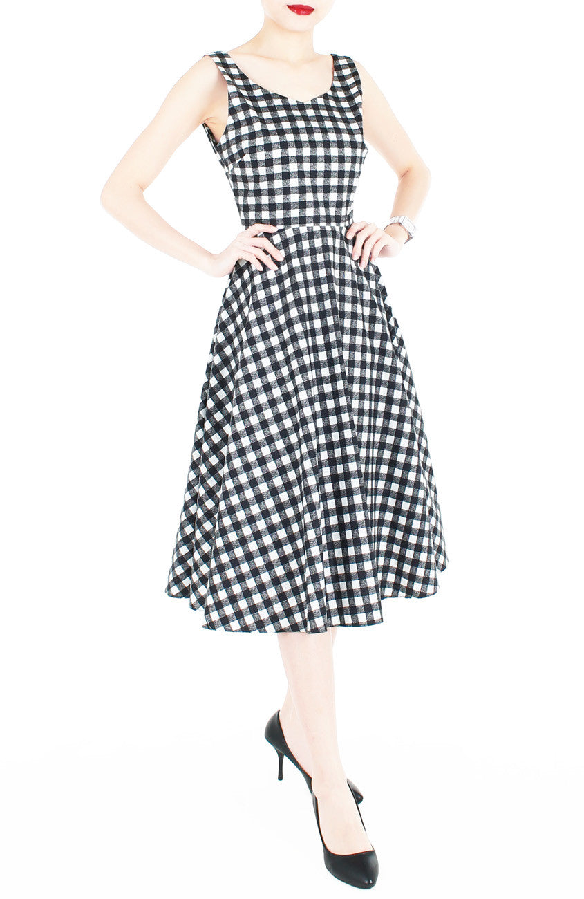 Pin-up Queen in Gingham Flare Midi Dress (Longer Length)