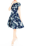 Poignant Peonies Flare Tea Dress - Porcelain Navy