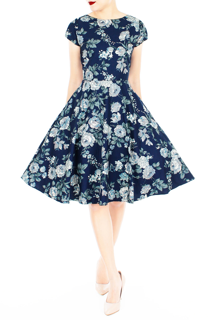 Poignant Peonies Flare Tea Dress - Porcelain Navy