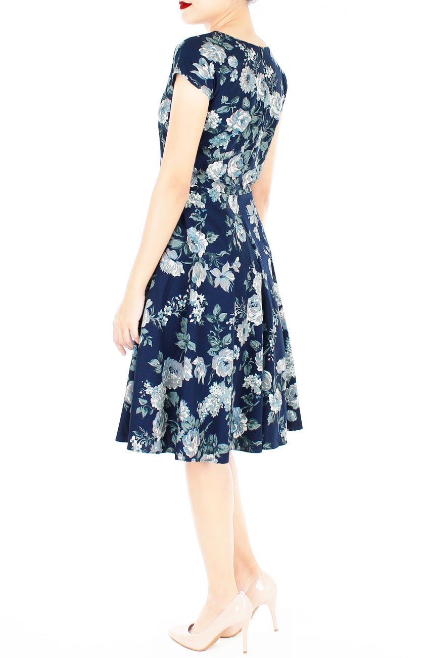 Poignant Peonies Flare Tea Dress - Porcelain Navy