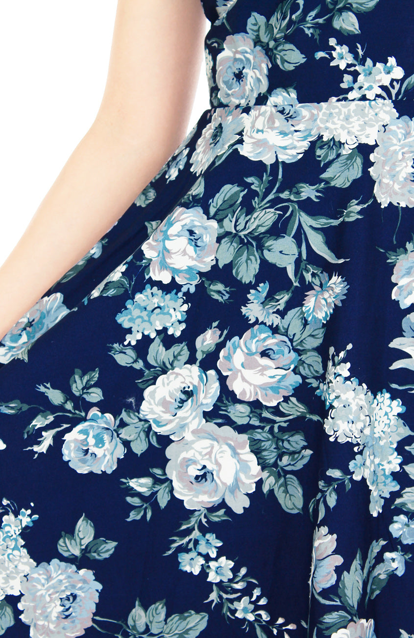 Poignant Peonies Flare Tea Dress - Porcelain Navy