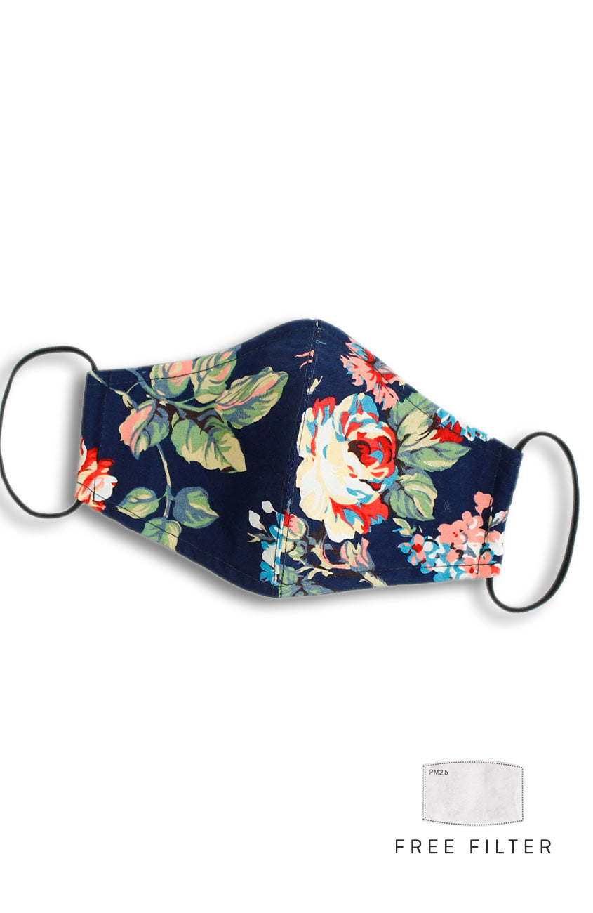 Poignant Peonies Pure Cotton Face Mask - Navy