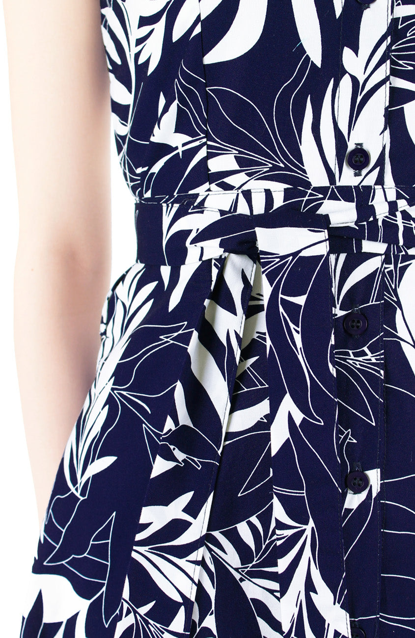 Poignant Palm A-Line Button Down Dress - Midnight Blue