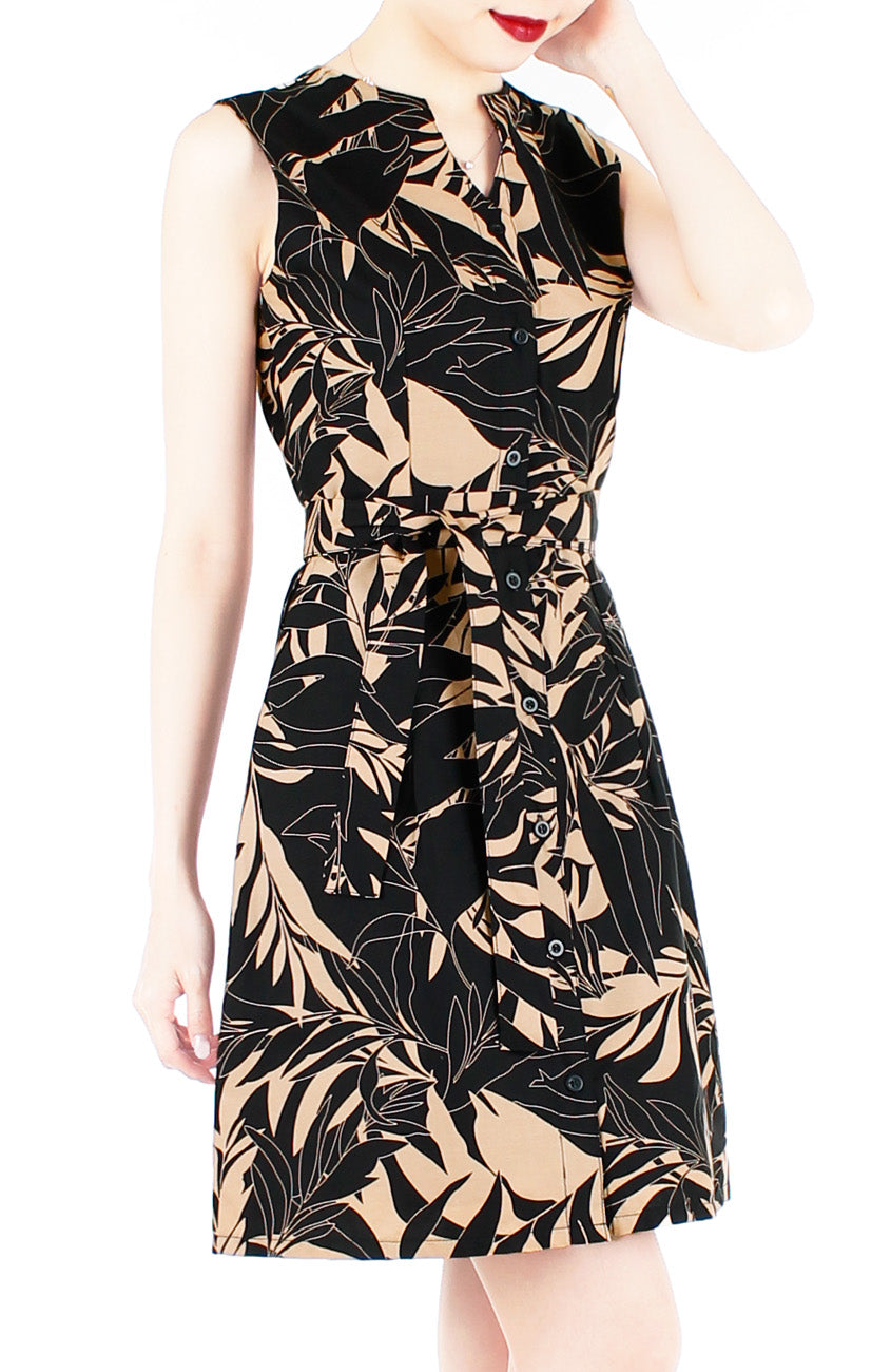 Poignant Palm A-Line Button Down Dress - Tan