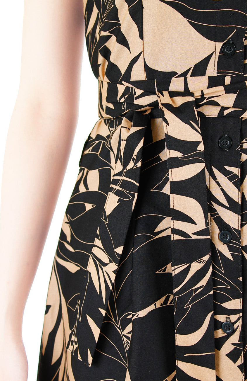 Poignant Palm A-Line Button Down Dress - Tan