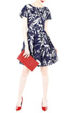 Poignant Palm Flare Dress with Short Sleeves - Midnight Blue
