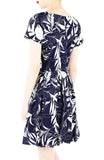 Poignant Palm Flare Dress with Short Sleeves - Midnight Blue