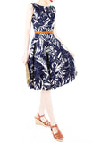 Poignant Palm Flare Midi Dress - Midnight Blue