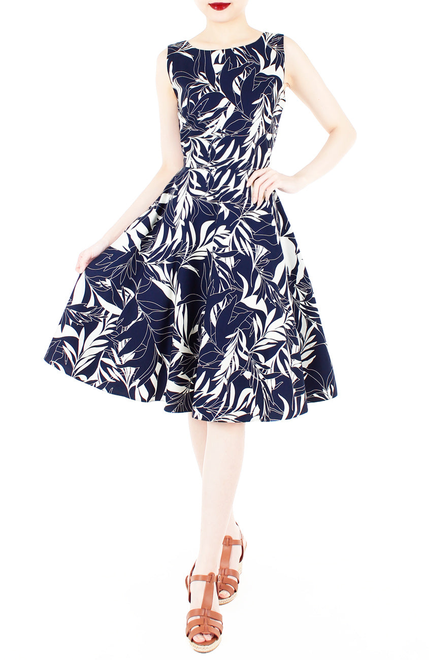 Poignant Palm Flare Midi Dress - Midnight Blue