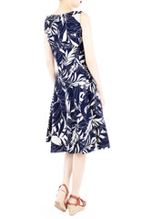 Poignant Palm Flare Midi Dress - Midnight Blue