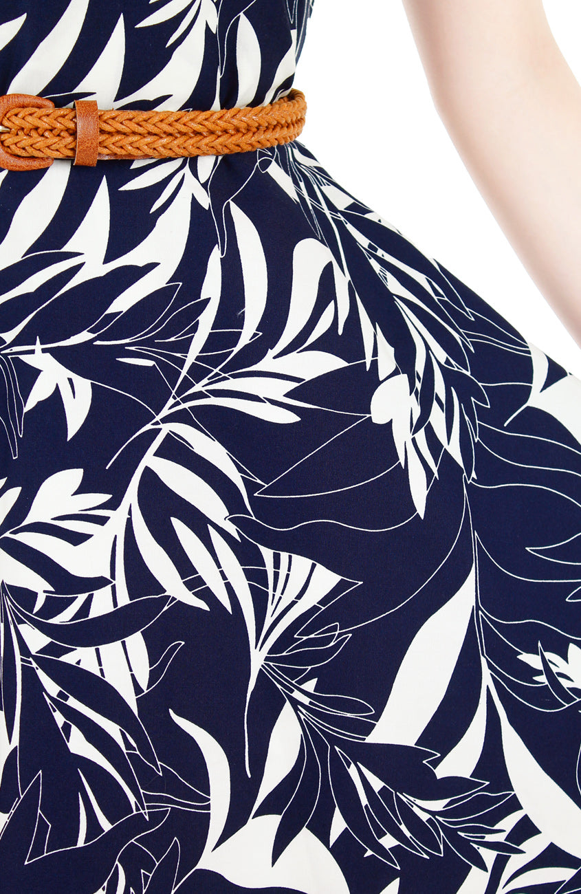 Poignant Palm Flare Midi Dress - Midnight Blue