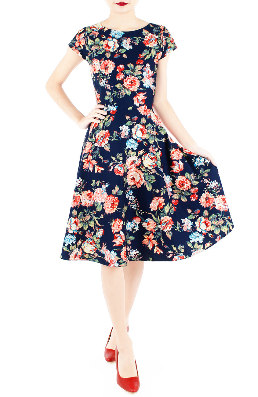 Poignant Peonies Flare Tea Dress – Navy