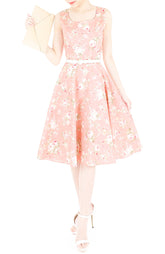 Prairie Vintage Floral Flare Midi Dress - Light Rose