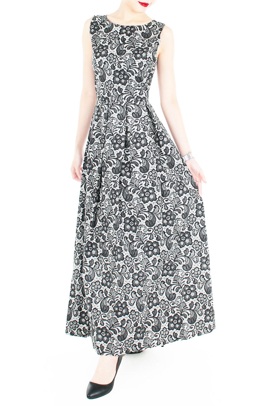 Sophisticated Specialty Lace Flare Maxi Dress - Black